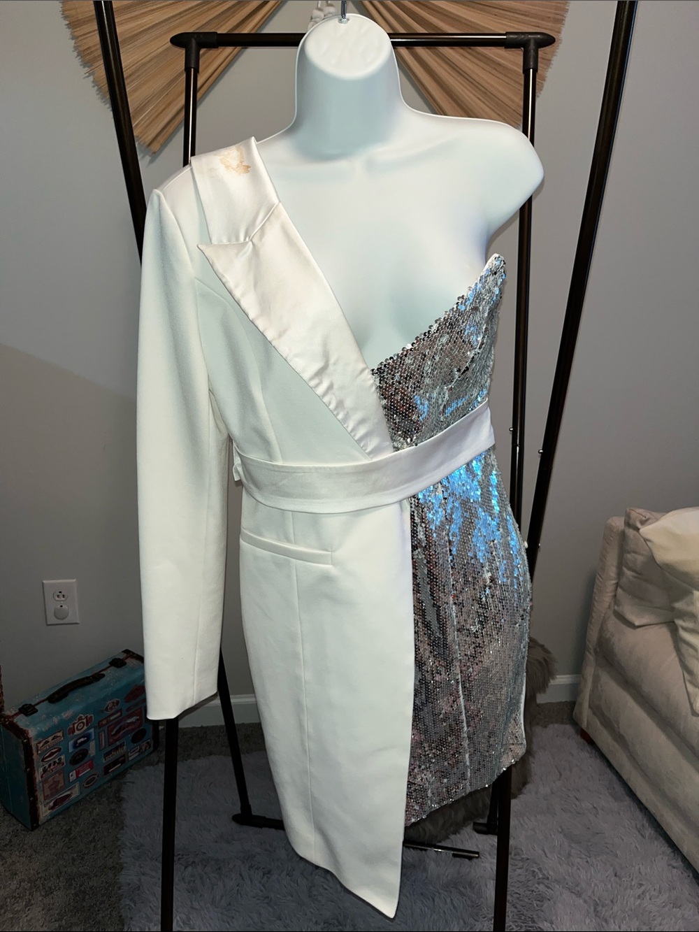 One-Shoulder White Blazer & Silver Sequin Dress